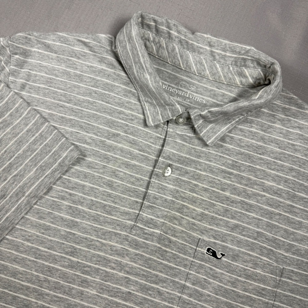 Vineyard Vines Mens Classic Fit Pima Cotton Striped Polo Shirt Grey Large